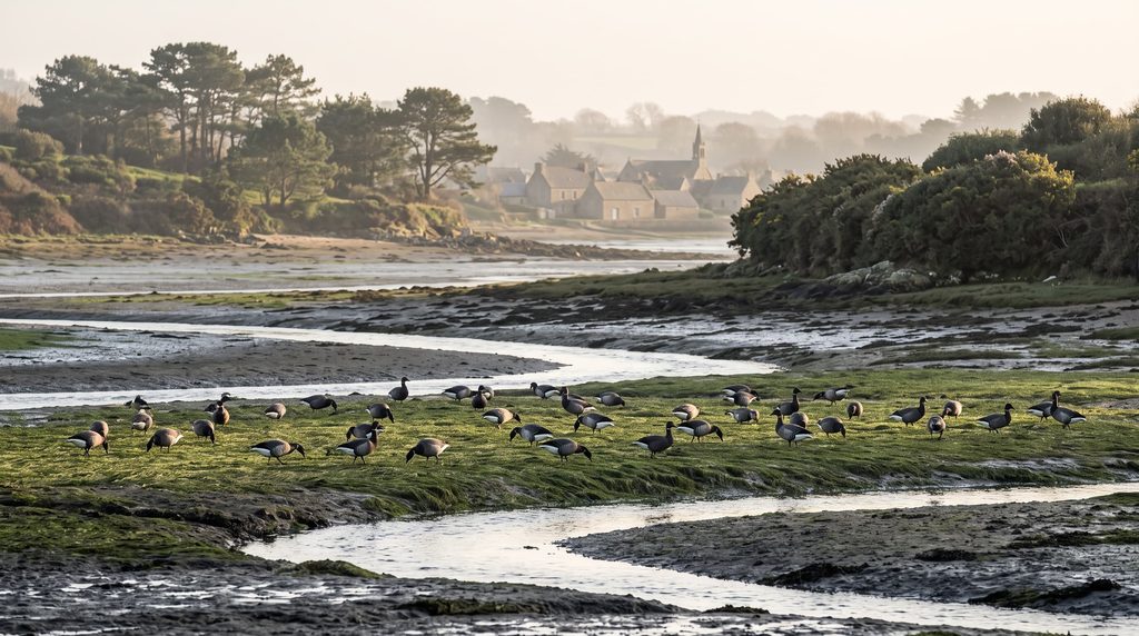 Bernaches cravants sur les herbiers de zostère de la ria d'Étel à marée basse